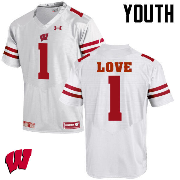 Wisconsin Badgers Youth #1 Reggie Love NCAA Under Armour Authentic White College Stitched Football Jersey UO40T65KH